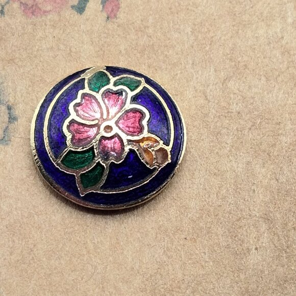 Vintage Cloisonné Flower Stud Earrings Round Blue Pink Enamel - Picture 3 of 5